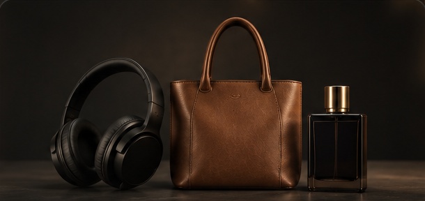 Headphones, a leather tote and a perfume bottle together